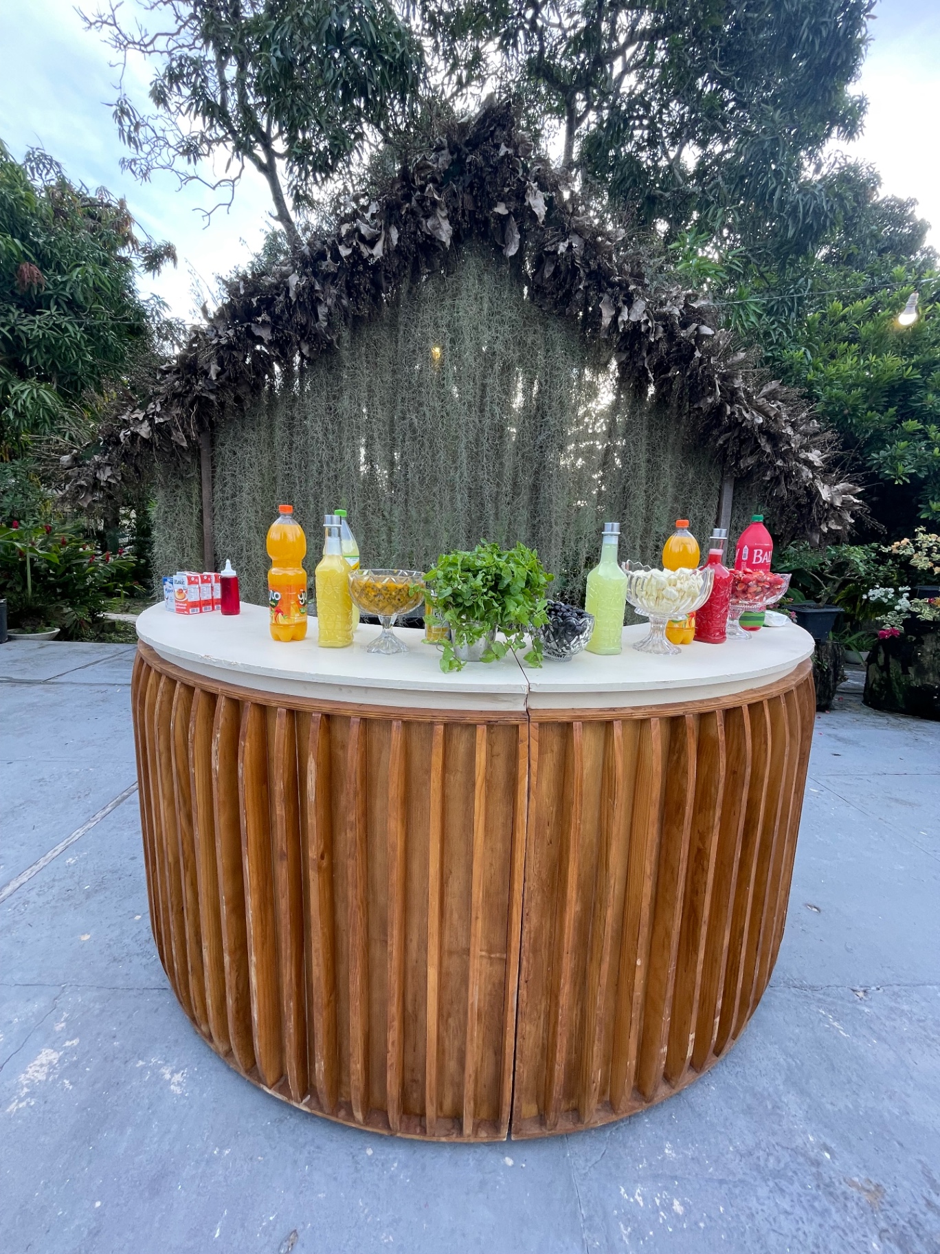 Bancada rústica de madeira da Top Drinks montada ao ar livre com sucos, frutas e hortelã